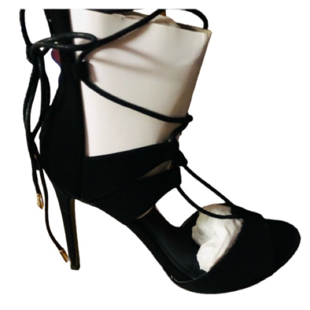 Shoe Republic LA size 10  black strappy sexy ankle wrap heels faux suede